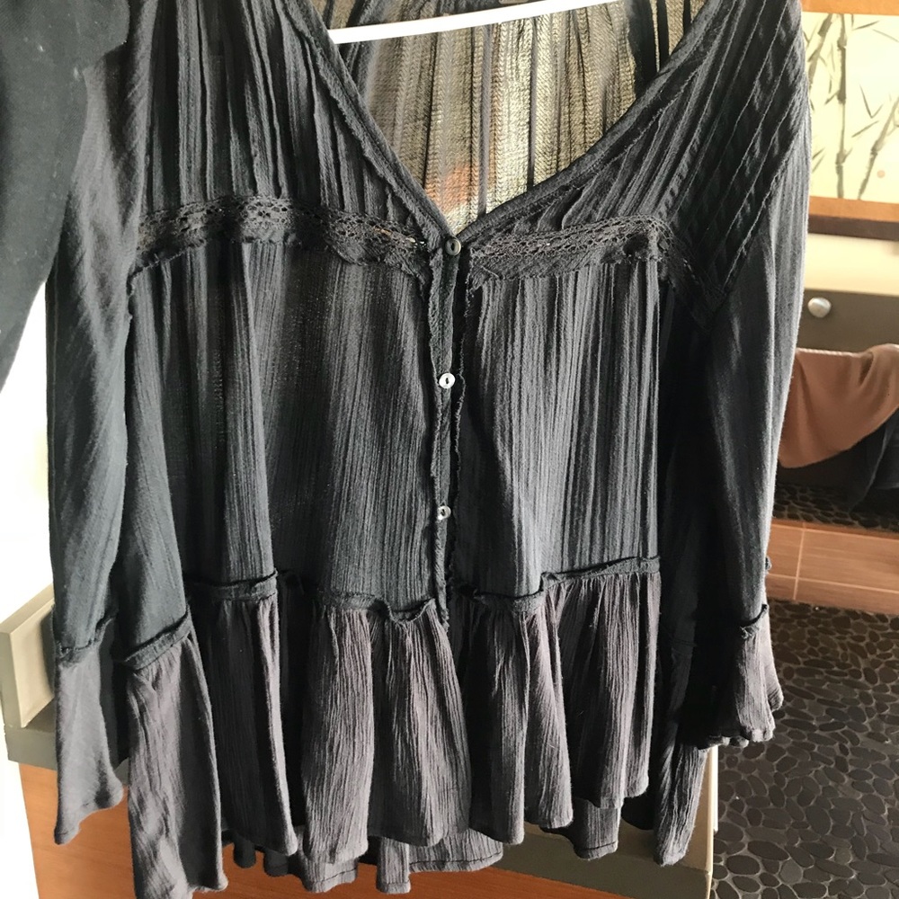 Free people- Long sleeve black blousy top